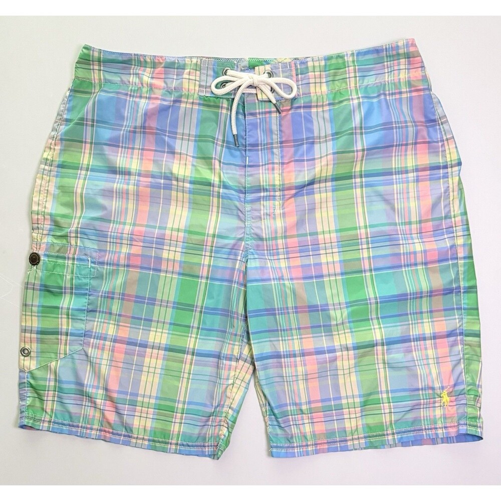 Polo Ralph Lauren Plaid Board Shorts Sz 34 Unlined Pastel Swim Trunks Pony